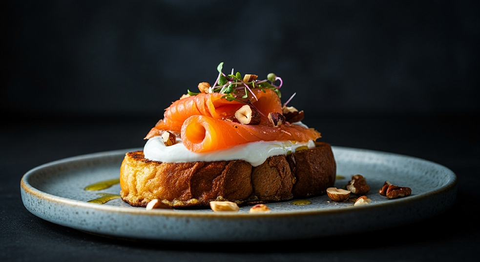 Pain perdu, saumon fumé et noix